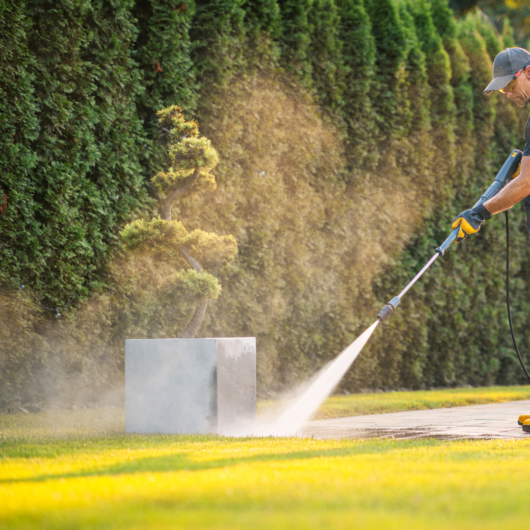 Man using a pressure washer to clean a patio area with a bonsai tree in a planter, surrounded by greenery, showcasing patio cleaning services in Scottsdale.