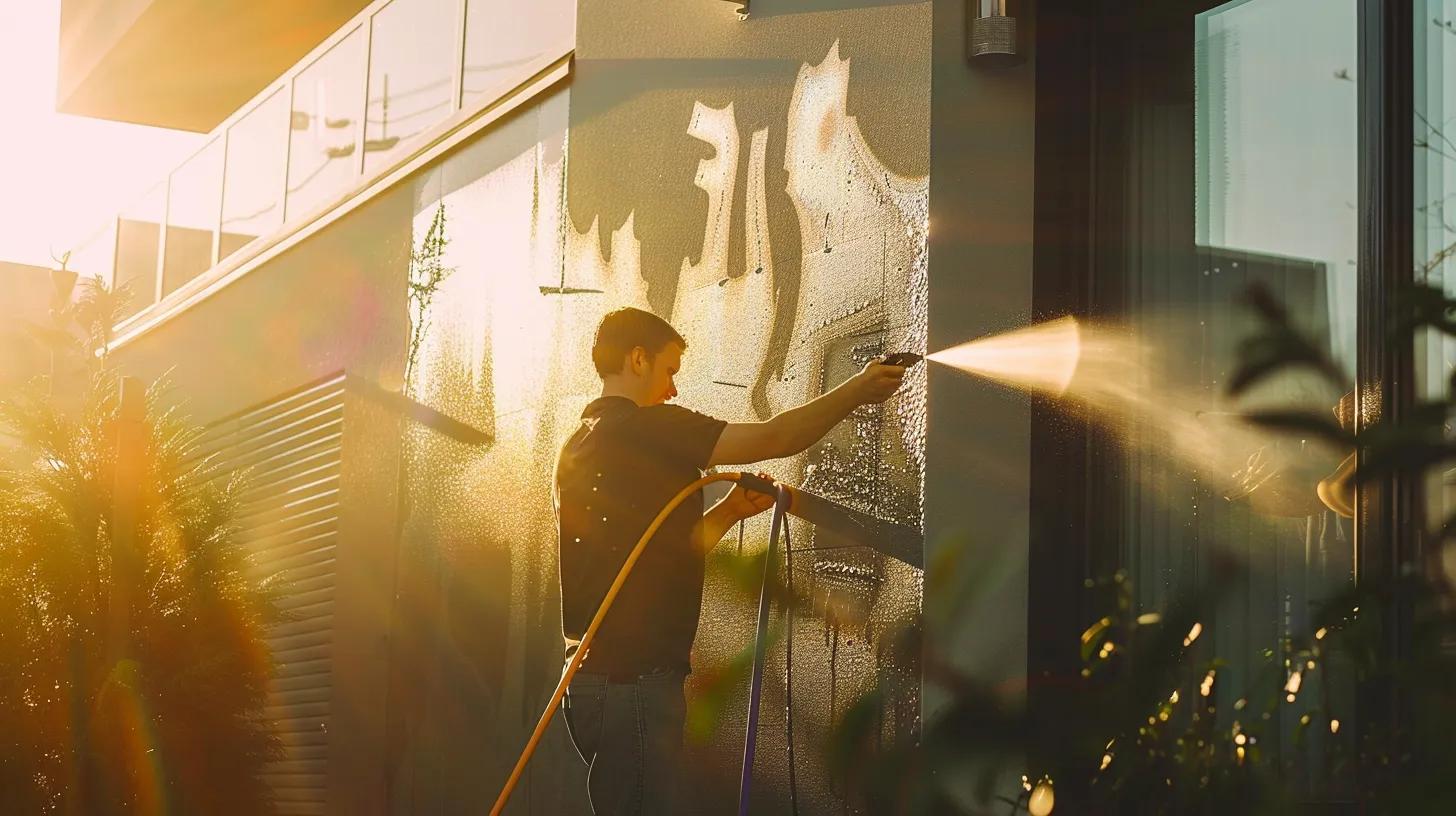 a bright, modern urban home facade is being pressure washed by a technician using eco-friendly products, showcasing the sparkling clean result with visibly reduced allergens and contaminants, emphasizing health and safety for families.