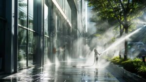 a dynamic scene in an urban setting captures a professional cleaning team using high-pressure washing equipment to revitalize the exterior of a modern building, with vibrant water splashes emphasizing the transformation.