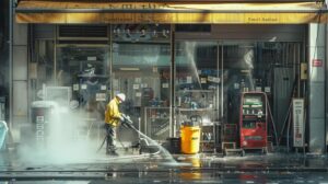 a dynamic urban setting features a professional pressure washing crew energetically transforming a grimy storefront facade into a pristine surface, showcasing the stark contrast between the efficiency of pressure washing and the limitations of traditional cleaning methods.