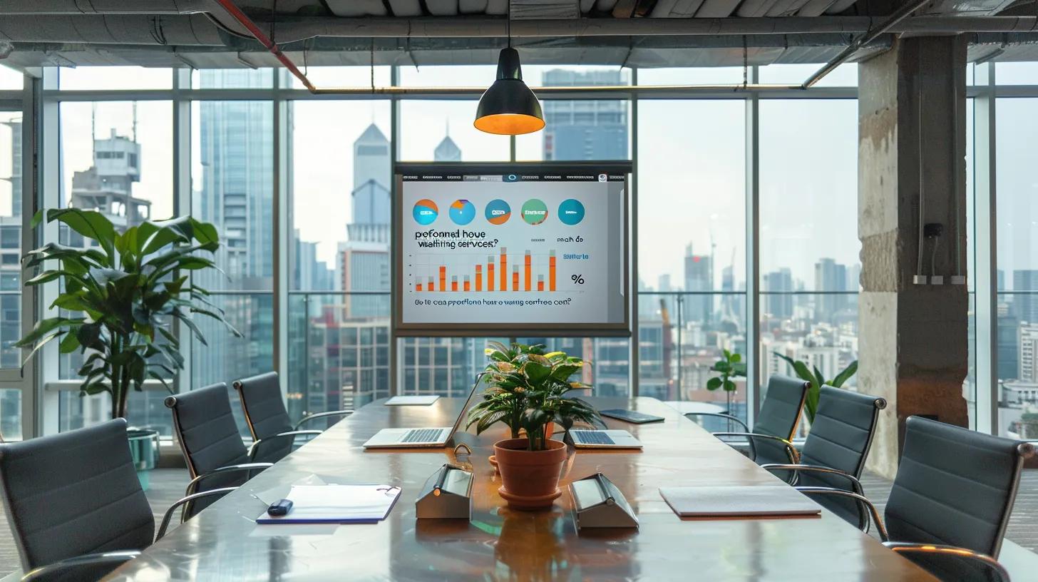 a modern office environment features a sleek conference table adorned with a laptop displaying a vivid infographic about local house washing service costs, with a large, clear title overlay highlighting