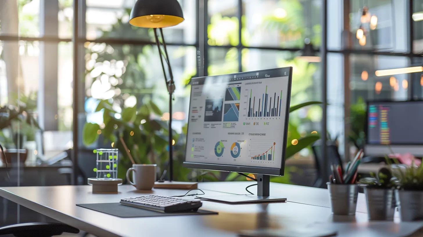 a modern office environment showcases a well-organized workspace with a sleek computer displaying a visually engaging infographic about common questions surrounding local house washing services, illuminated by bright, focused overhead lighting to emphasize the professional context.