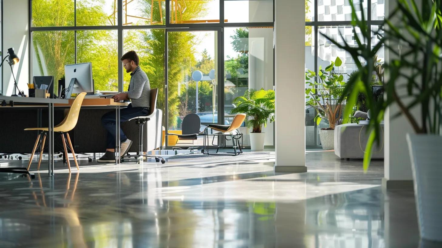 a modern, sleek office environment showcases a confident homeowner consulting with a professional pressure washing service provider, surrounded by vibrant visuals of clean surfaces, emphasizing the importance of reputable service choices.