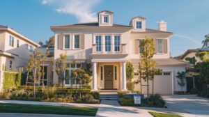 a pristine residential home gleams with clarity after a professional house washing service, showcasing the contrast between the spotless exterior and the surrounding urban environment, complemented by a bold title overlay.