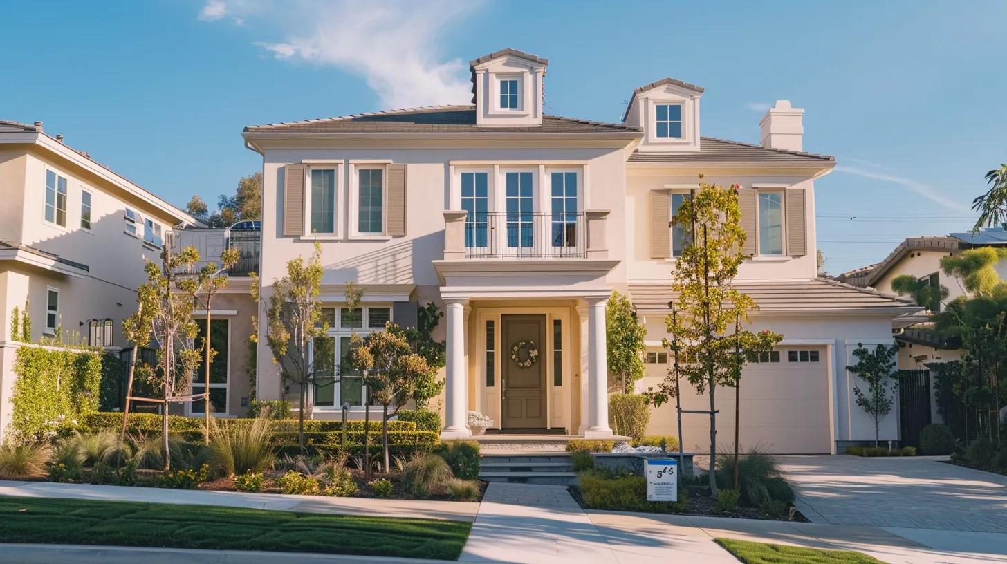 a pristine residential home gleams with clarity after a professional house washing service, showcasing the contrast between the spotless exterior and the surrounding urban environment, complemented by a bold title overlay.