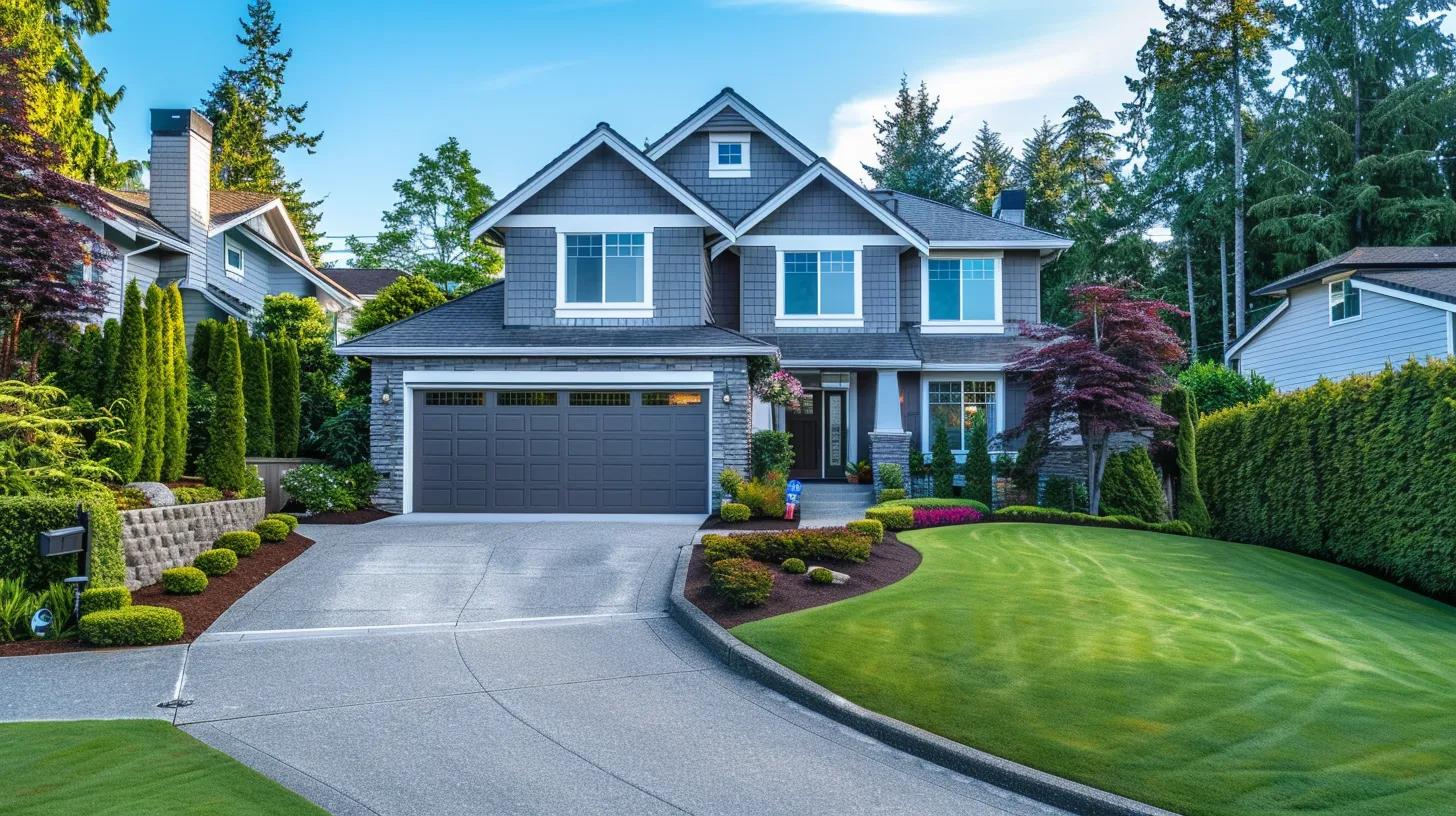 a pristine suburban home, freshly pressure washed, gleams with revitalized colors against a modern driveway, showcasing the transformation that enhances curb appeal and protects surfaces.