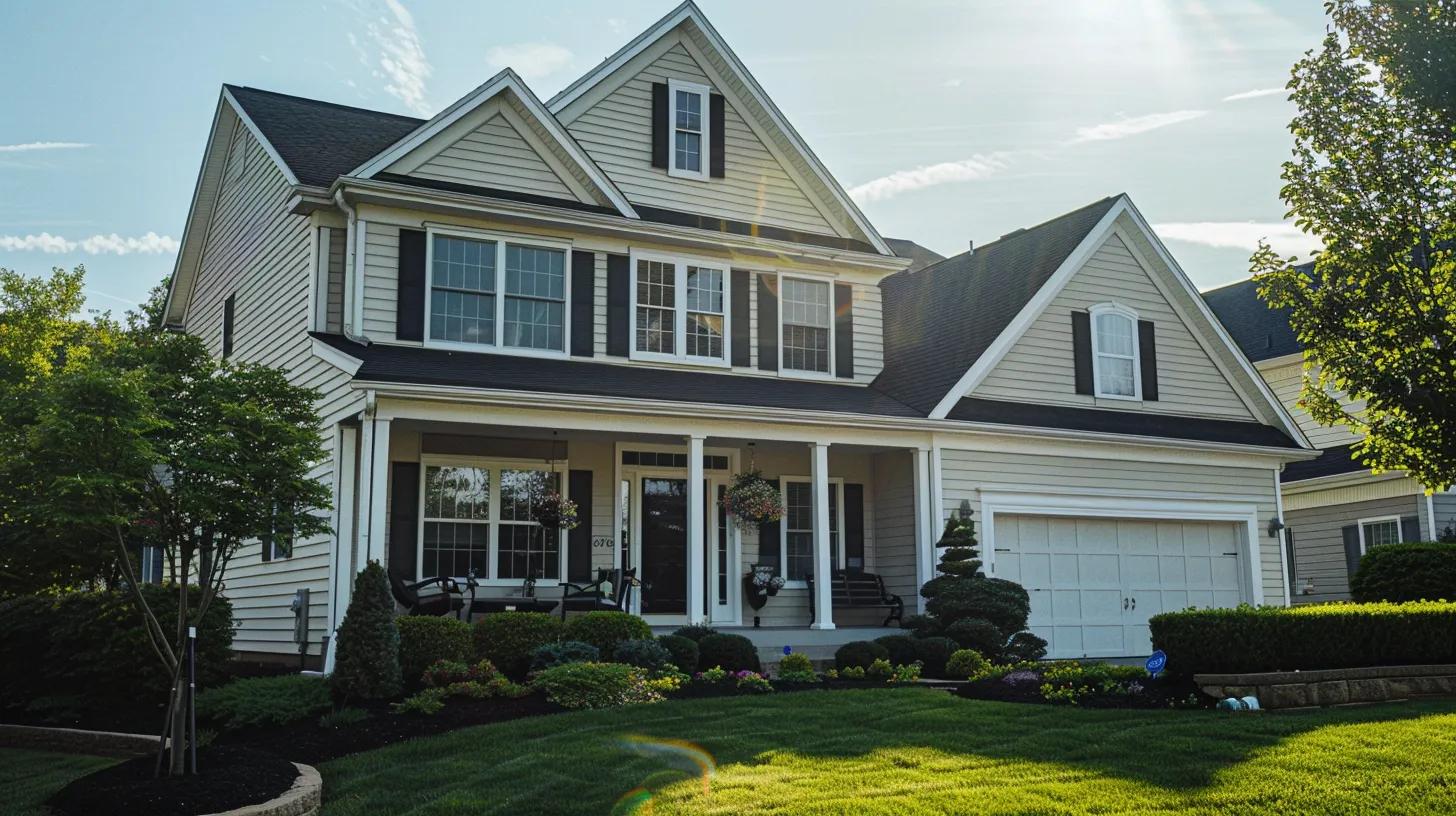a pristine suburban home gleams under bright sunny skies, showcasing freshly washed exteriors as a diligent homeowner inspects the surfaces for maintenance, emphasizing the importance of upkeep in preventing future stains and mildew.
