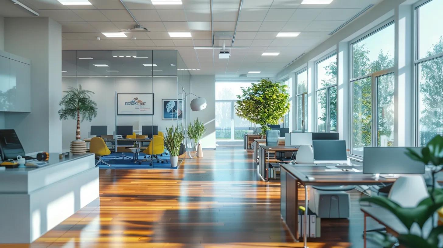 a professional office setting showcases a clean, organized workspace with a focus on eco-friendly pressure washing advertisements and certifications prominently displayed on the walls, emphasizing expertise and reliability.