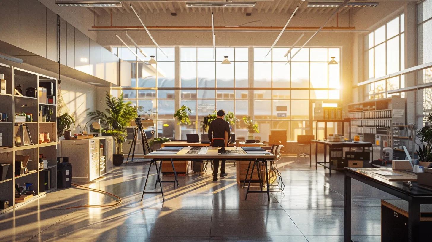 a sleek, modern office setting features a technician inspecting a solar panel system, surrounded by high-tech tools and equipment, emphasizing efficient maintenance and system upgrades for optimal performance.
