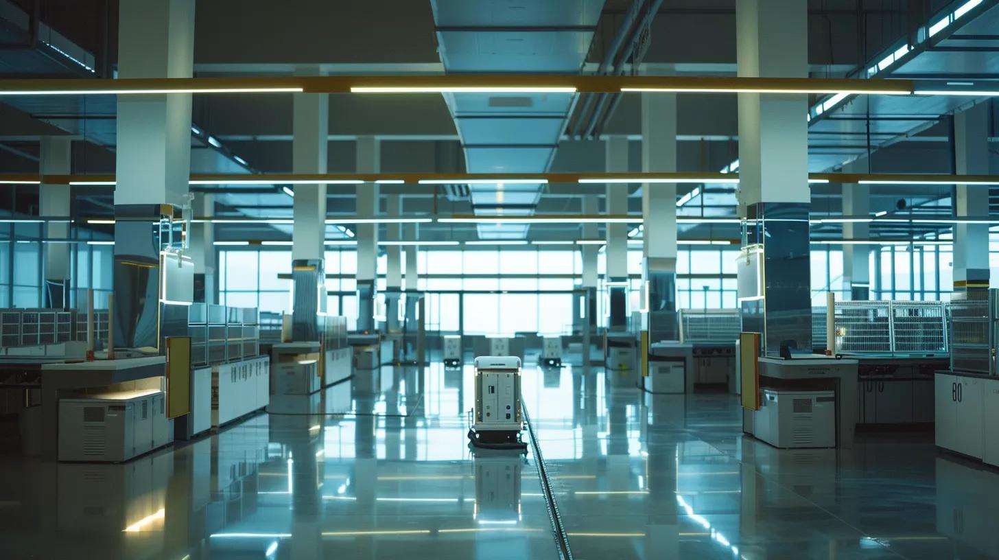 a sleek, modern office setting features a high-tech solar panel cleaning robot meticulously working on a row of glistening solar panels, illuminated by bright overhead lighting, showcasing the innovative approach to enhancing solar energy efficiency.