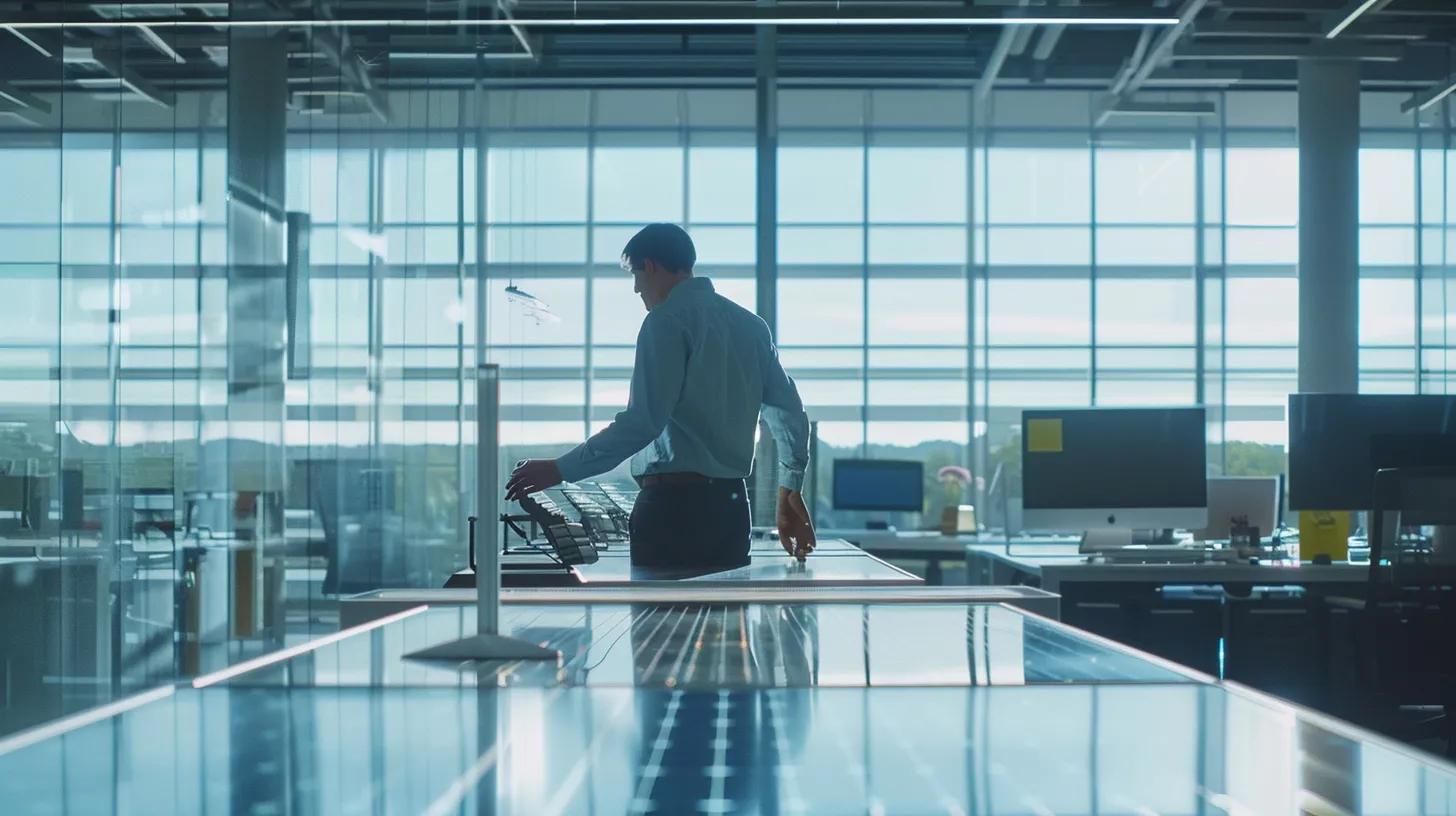 a sleek, modern office workspace features a technician expertly inspecting a solar panel system on a high-tech display, emphasizing the importance of routine maintenance for efficiency and optimal performance.