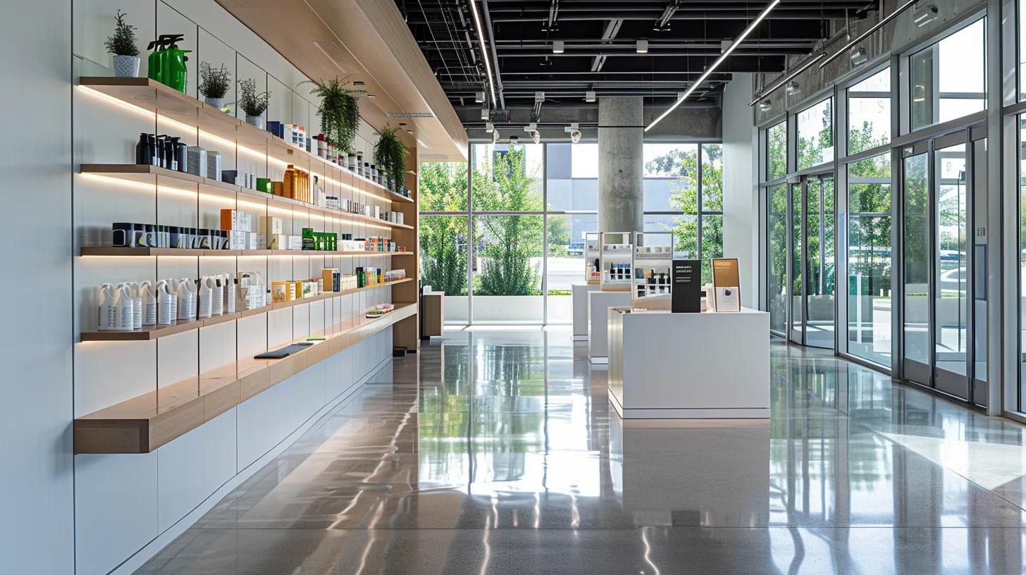a sleek, modern urban office space showcases a diverse array of eco-friendly cleaning solutions displayed on minimalist shelves, highlighting their effectiveness in preserving surfaces while emphasizing their sustainability in a water-conscious environment like phoenix, az.