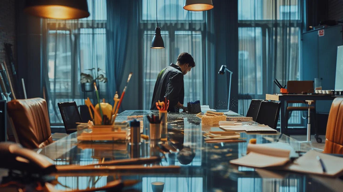 a visually dynamic office scene showcases a frustrated worker surrounded by traditional cleaning tools like brushes and brooms, highlighting the struggle against stubborn dirt on a gleaming conference table, with dramatic lighting that emphasizes the contrast between the old methods and the sleek modern workspace.