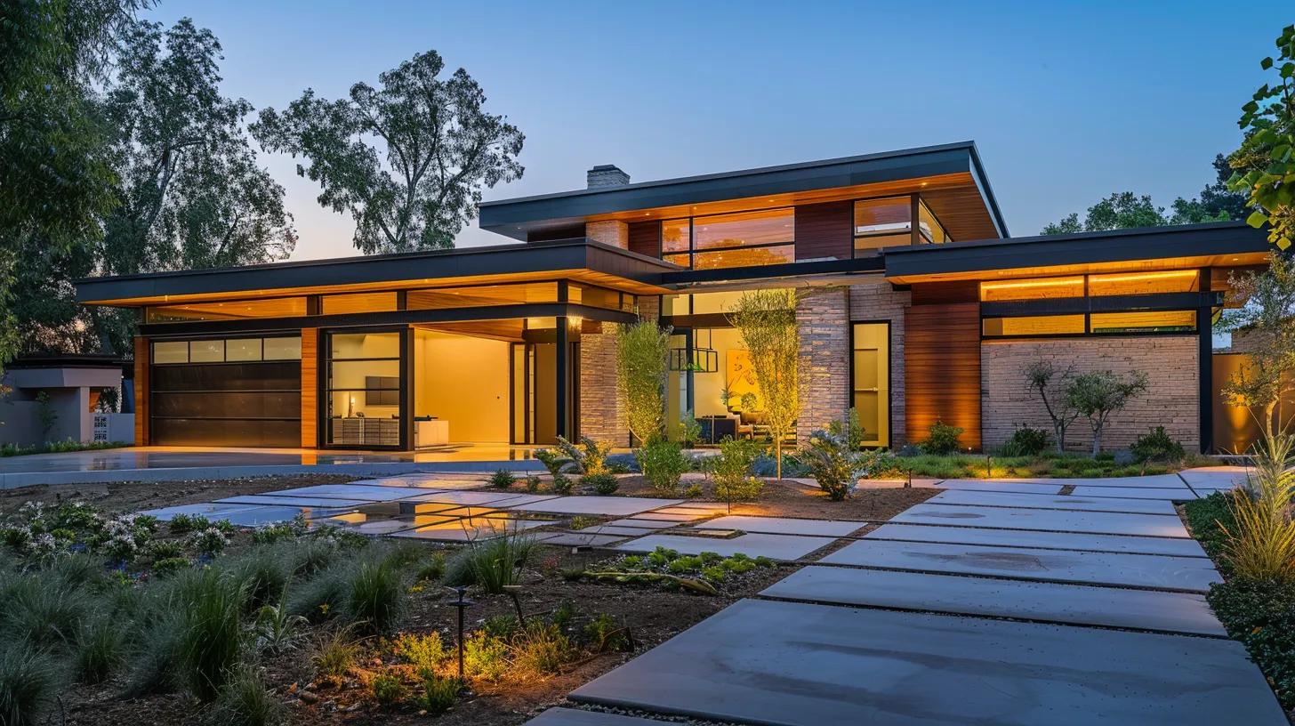 a well-lit modern home exterior showcases various materials like brick, wood, and stucco, each marked with distinct cleaning techniques, emphasizing the importance of tailored house washing methods for maintenance and durability.