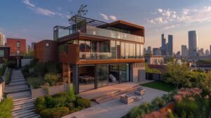 a vibrant urban home exterior is showcased as a professional eco-friendly pressure washer revitalizes the façade with sparkling clarity against a backdrop of a modern cityscape, highlighting the transformative benefits of green cleaning solutions.