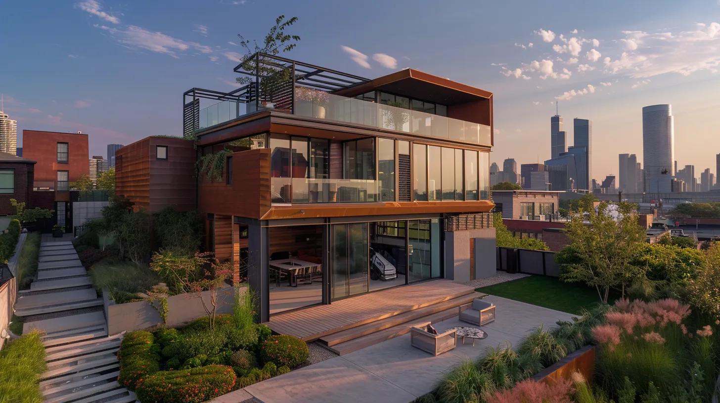 a vibrant urban home exterior is showcased as a professional eco-friendly pressure washer revitalizes the façade with sparkling clarity against a backdrop of a modern cityscape, highlighting the transformative benefits of green cleaning solutions.
